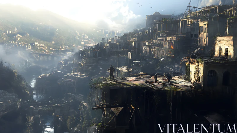 Sunlit ruins and quiet explorers over a lost cityscape.