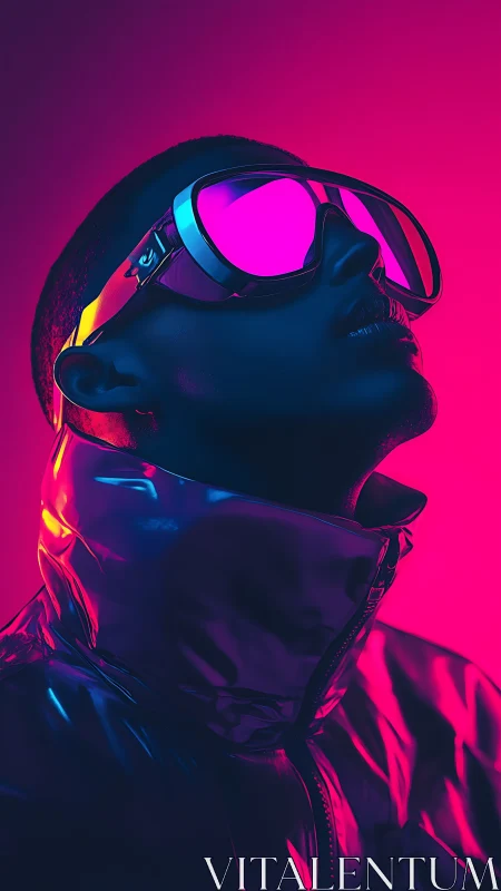 Neon-lit figure gazes upward in futuristic cyber visor.