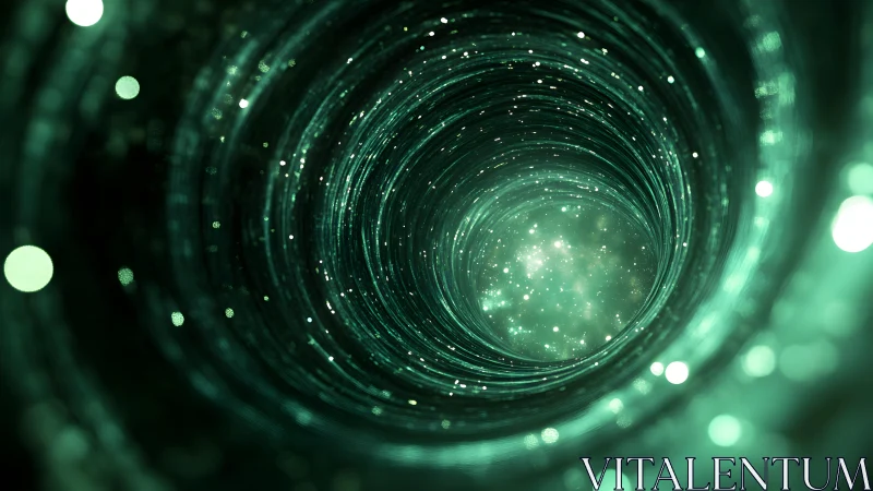 Futuristic Wormhole Tunnel With Sparkling Particles In Green Tones.