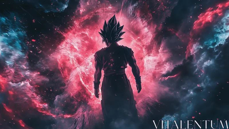 Anime energy warrior silhouette within cosmic vortex field.