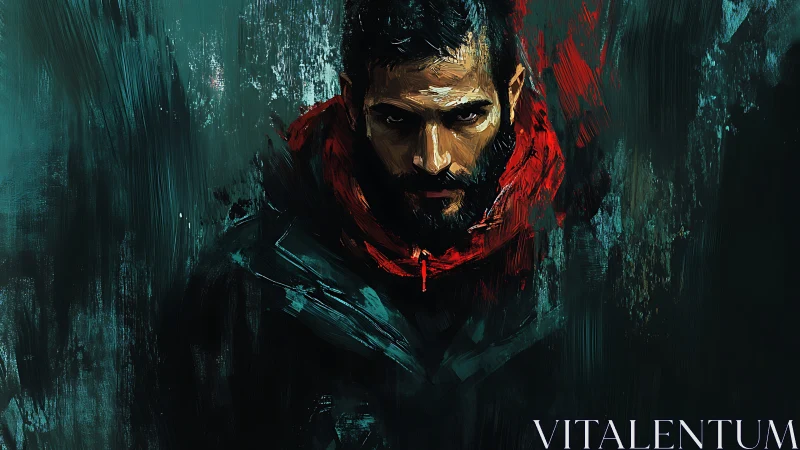 Storm-eyed drifter in crimson hood amid painted shadows.