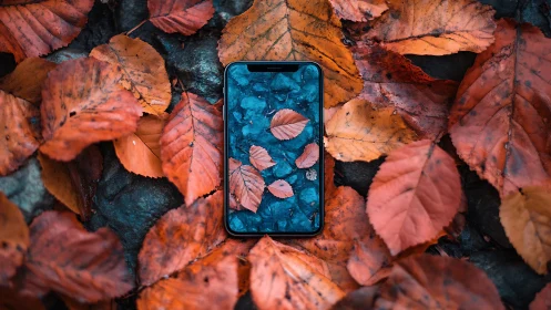 Smartphone reflects blue water amid vivid autumn leaves.