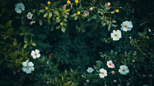 Overhead Floral Garden Composition with Daisies and Yellow Ranunculus Blooms