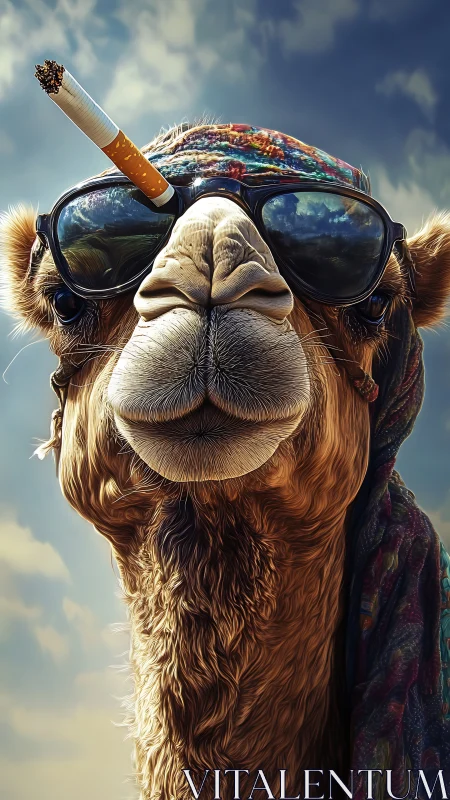 Camel wearing sunglasses and smoking cigarette in close-up