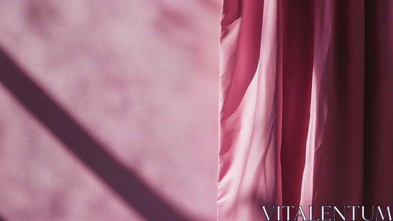 Sunlit pink curtain quietly folds light into soft shadow