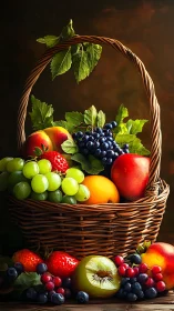 Colorful wicker basket filled with mixed ripe fruit still life