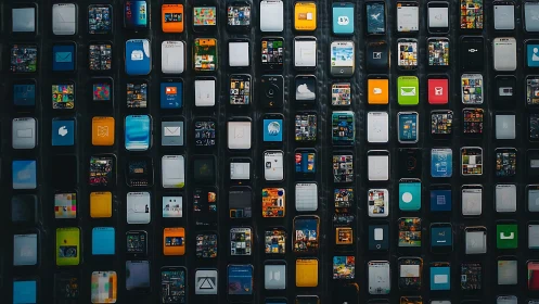 Smartphone grid wall displays dense mosaic of app screens