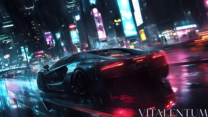 Supercar accelerates through neon rain in cyberpunk cityscape