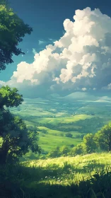 Sunlit green valley under towering white summer clouds.