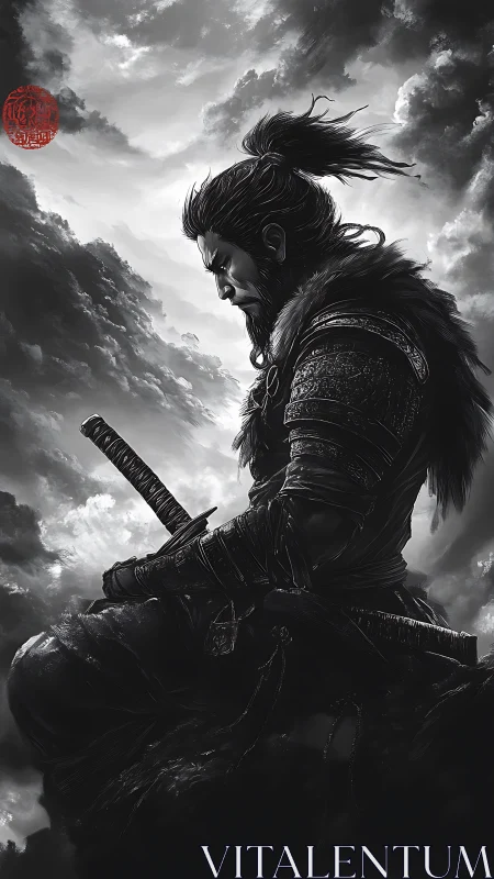 Solitary samurai gazes into storm-lit clouds in grayscale stillness
