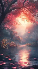 Sunlit forest river glows beneath drifting pink petals