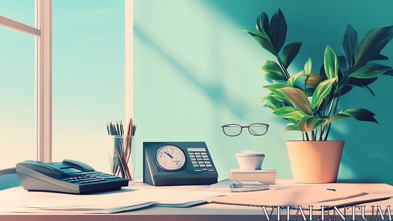 Organized office desk near window with plant and devices.