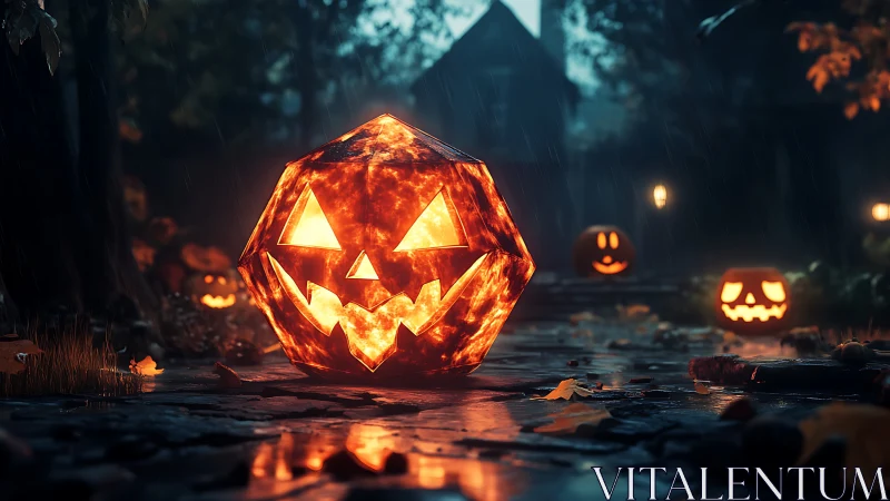 Faceted jack o lantern glows on rainy haunted pathway.