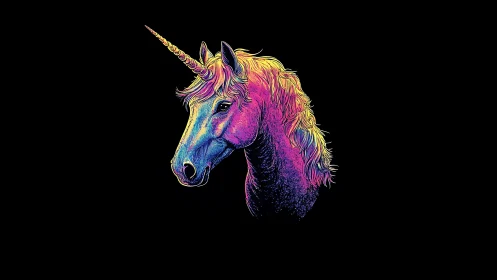 Radiant rainbow unicorn glows softly against deep night black