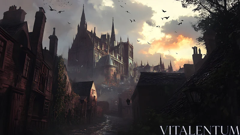Gothic citadel dominating misty medieval alleyway at dusk.