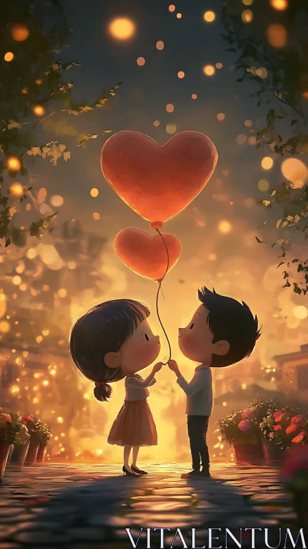 Two cartoon children holding glowing red heart-shaped balloons in golden light.