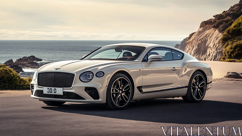 Luxury grand tourer coupe gleams beside rugged ocean cliffs.