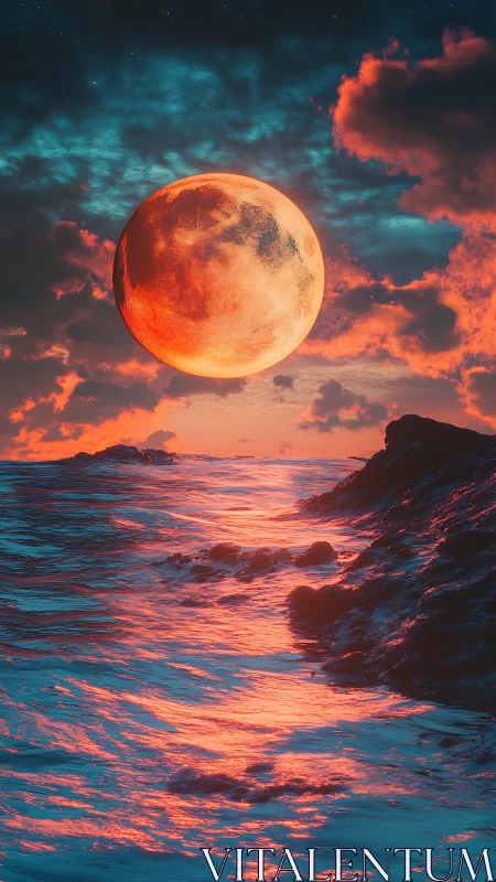 Crimson moonlight gently paints the restless ocean waves