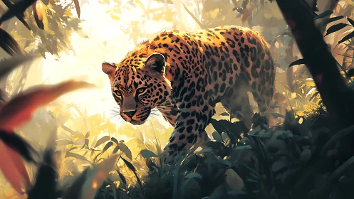 Leopard Stalking Through Golden Jungle Sunlight.