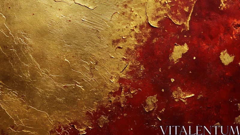 Metallic gold leaf erosion across textured crimson substrate