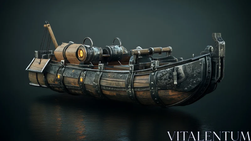 Steampunk hovercraft with riveted hull and warm engine glow.