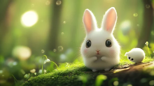 White cartoon rabbit sits on mossy forest log in sunlight