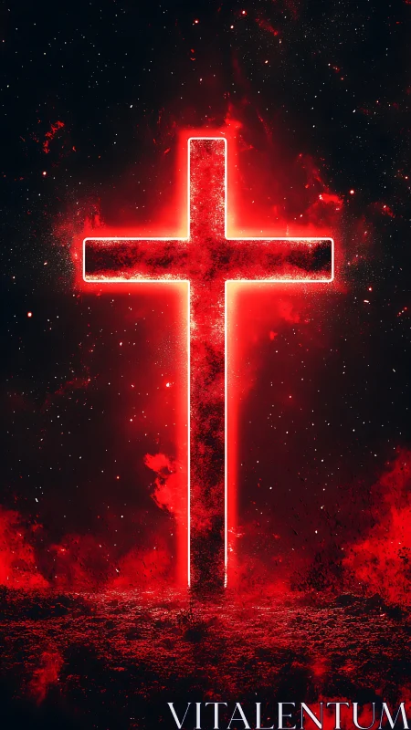 Glowing red cross stands centered in a dark cosmic field