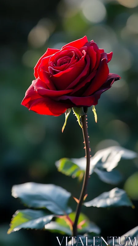 Deep crimson rose bloom showcasing stratified petal architecture with botanical stem structure