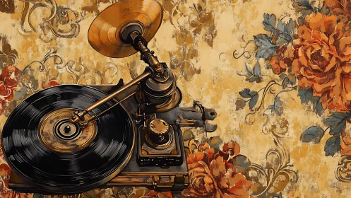 Analog gramophone mechanism with floral-patterned backdrop.