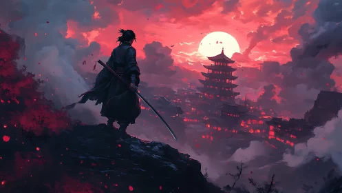 Lone samurai greeting a crimson sunset above misty city.
