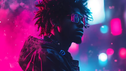 Neon backlit portrait isolates cyber-noir silhouette in bokeh haze