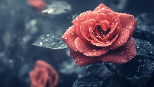 Rose flower with water droplets on dark petals