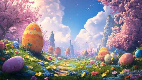 Giant painted Easter eggs glow under cherry blossom sky.