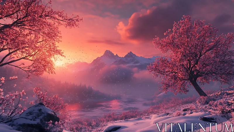 Sunlit alpine lake framed by pink blossom and snowfield.