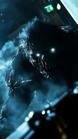 Terrifying glowing eyed creature emerges in smoky corridor.