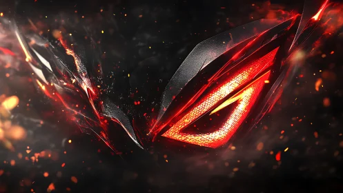 Fiery red emblem glows within dark fragmented metal shards