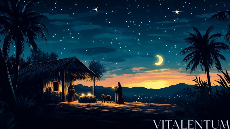 Nativity night glows under a star-filled tropical sky