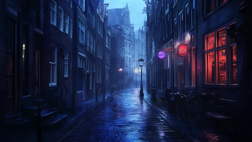 Rainy European alley with neon signs and wet cobblestone street.