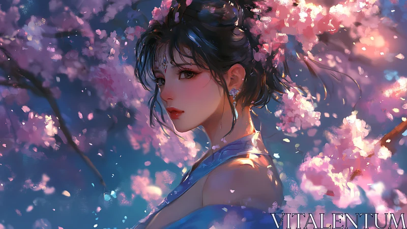 Blossom-lit muse beneath moonwashed petals at dusk.