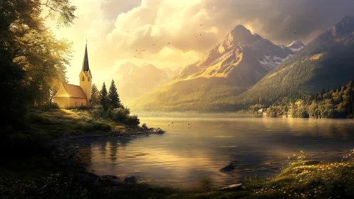 Lakefront chapel under golden light beside mountain range.