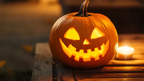 Illuminated carved jack o lantern on wooden table at dusk