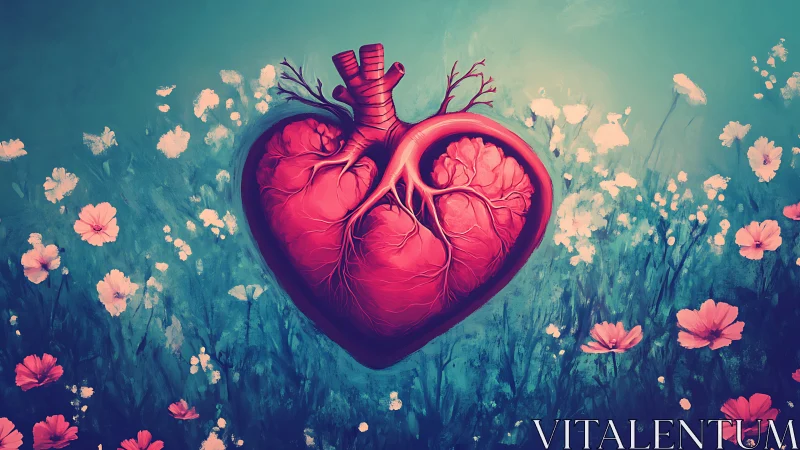 Anatomical heart form with circulatory system displayed in floral field environment.