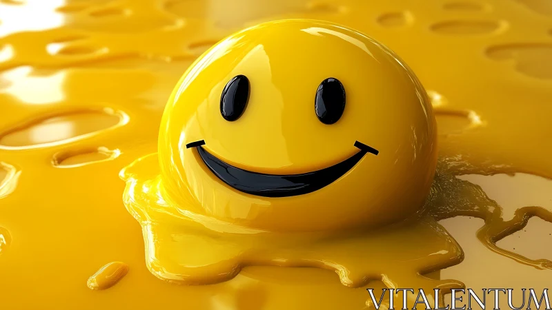 Glossy smiley face melts playfully into liquid yellow