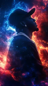 Portrait of a man in cosmic fire and ice glow