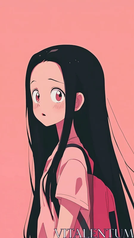 Side view of long haired anime girl on pink ground.