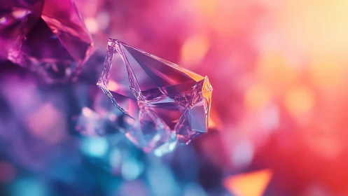 Iridescent crystal shard glows amid blurred neon bokeh field