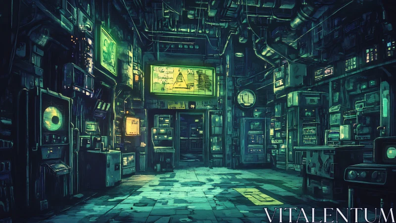 Cyberpunk control lab with glowing retro monitors at night.