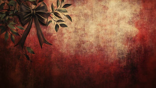 Dark ribbon and foliage on textured red gradient background.