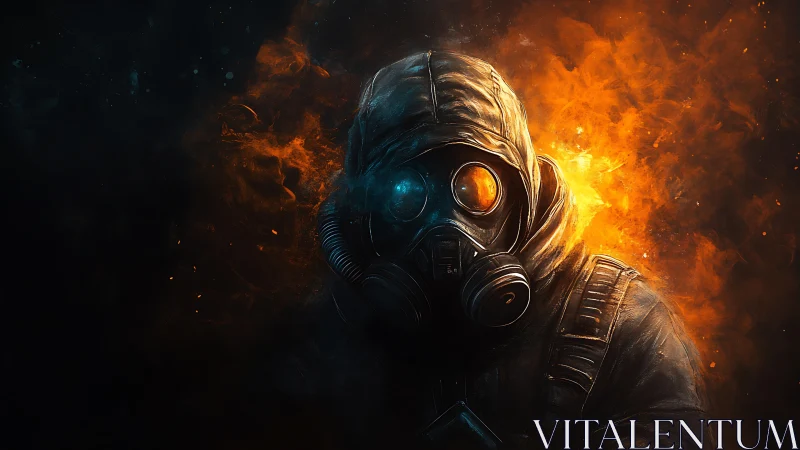 Post-apocalyptic survivor in hooded gas mask amid firestorm