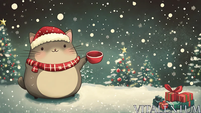 Cartoon cat in winter landscape with Christmas elements.